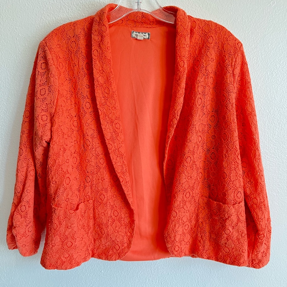 Eyeshadow Open Front 3/4 Sleeve Lace Overlay Blazer Jacket‎ Orange Size L